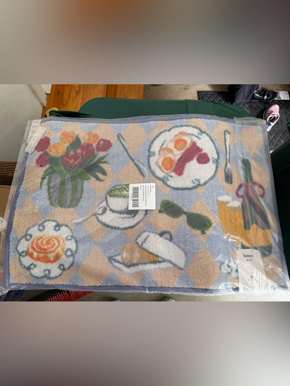 Bath Mat- Breakfast Print - Blue Beige, White